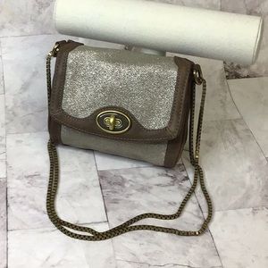 Fossil mini hand bag, genuine leather with solid brass hardware and chain strap